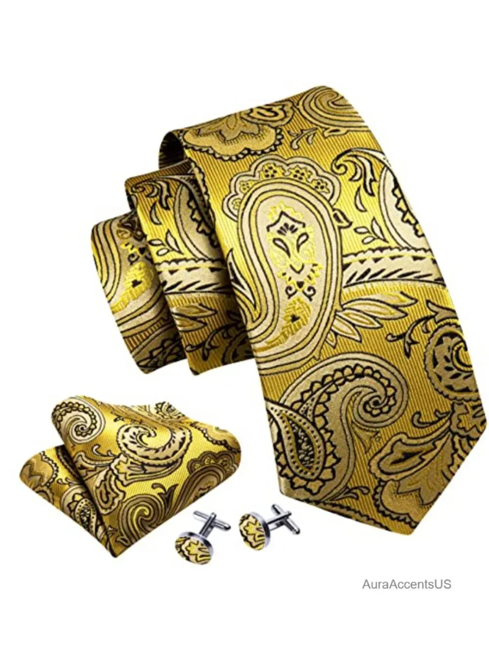 Men's Silk Tie Set with Pocket Square & Cufflinks - Woven Jacquard, Gift Box